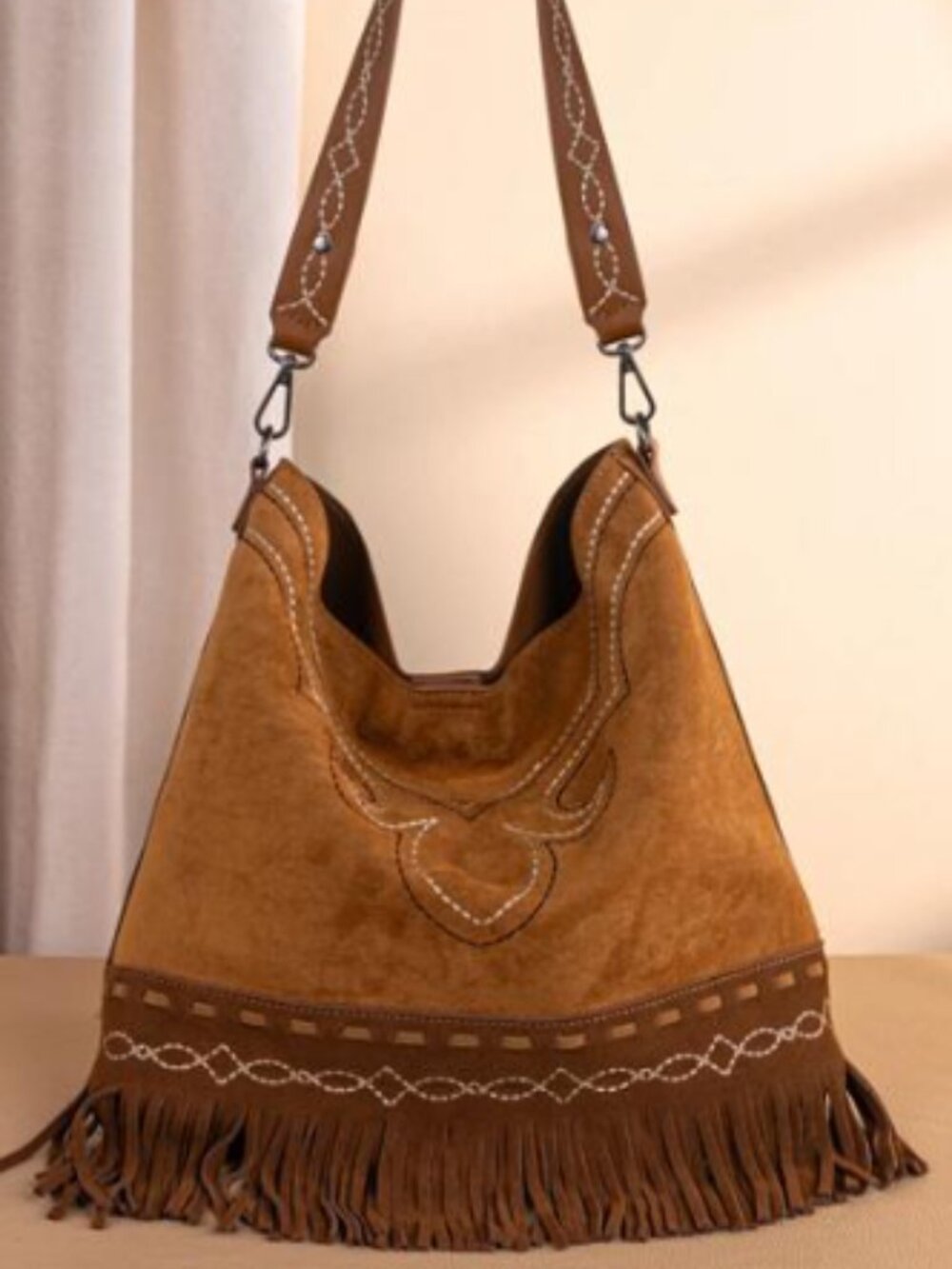 Montana West Boot Stitch Fringe Hobo Bag, Brown NWT